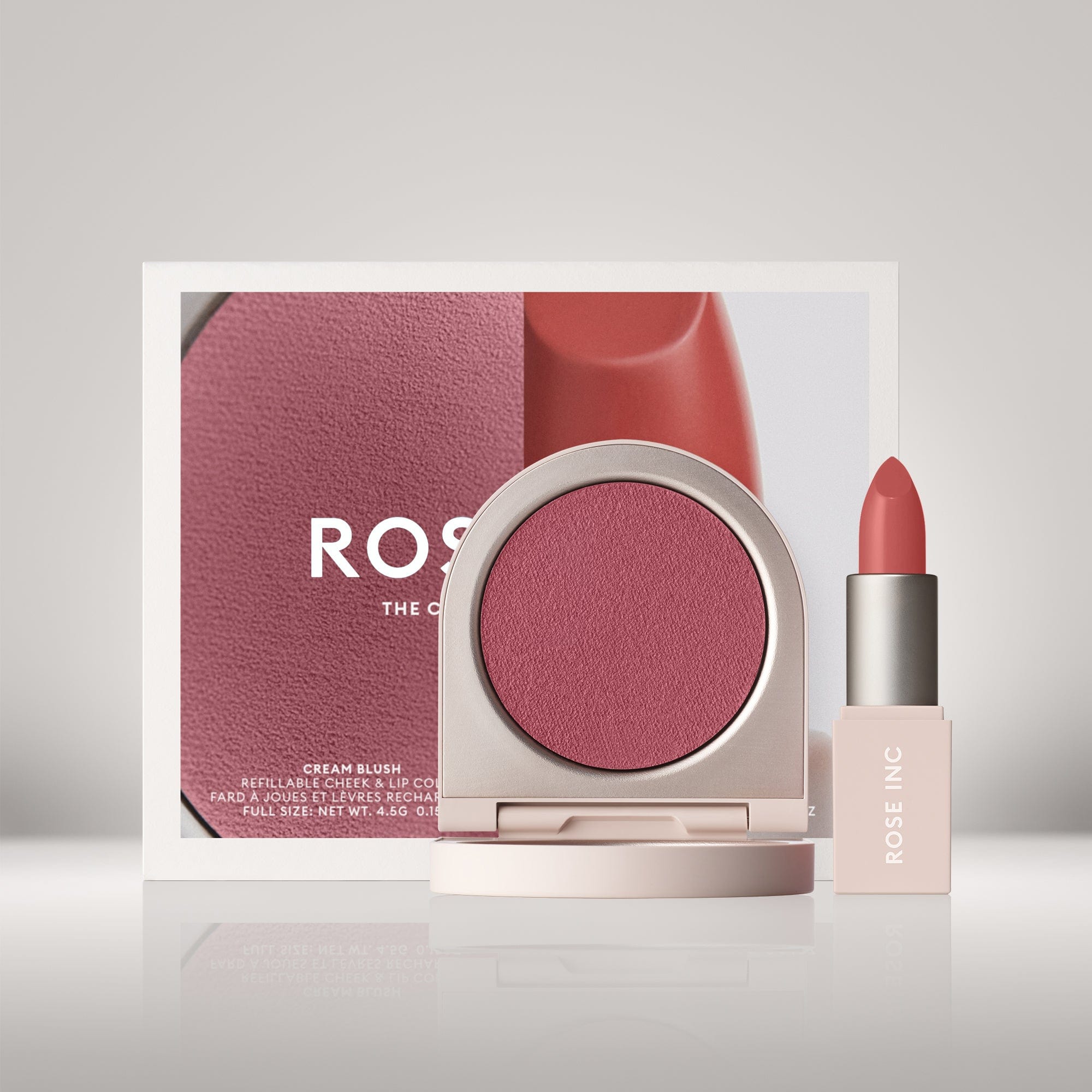 Set of cream blush in hibiscus and satin lip color in poetic.